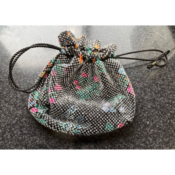 Vtg 1950s Candy Dot Beaded Drawstring Handbag Clear Colored Bakelite Beads Black - Picture 1 of 10